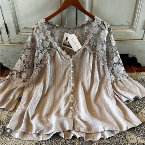 Gorgeous New Boho Grey Lace Festival Button Front Blouse Boutique Vintage
